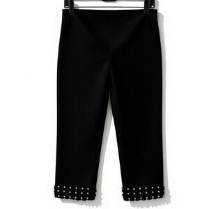 Zara‎ Women Pearl Fringe Hem Black Ankle Pants Size M Chic Embellished Trousers